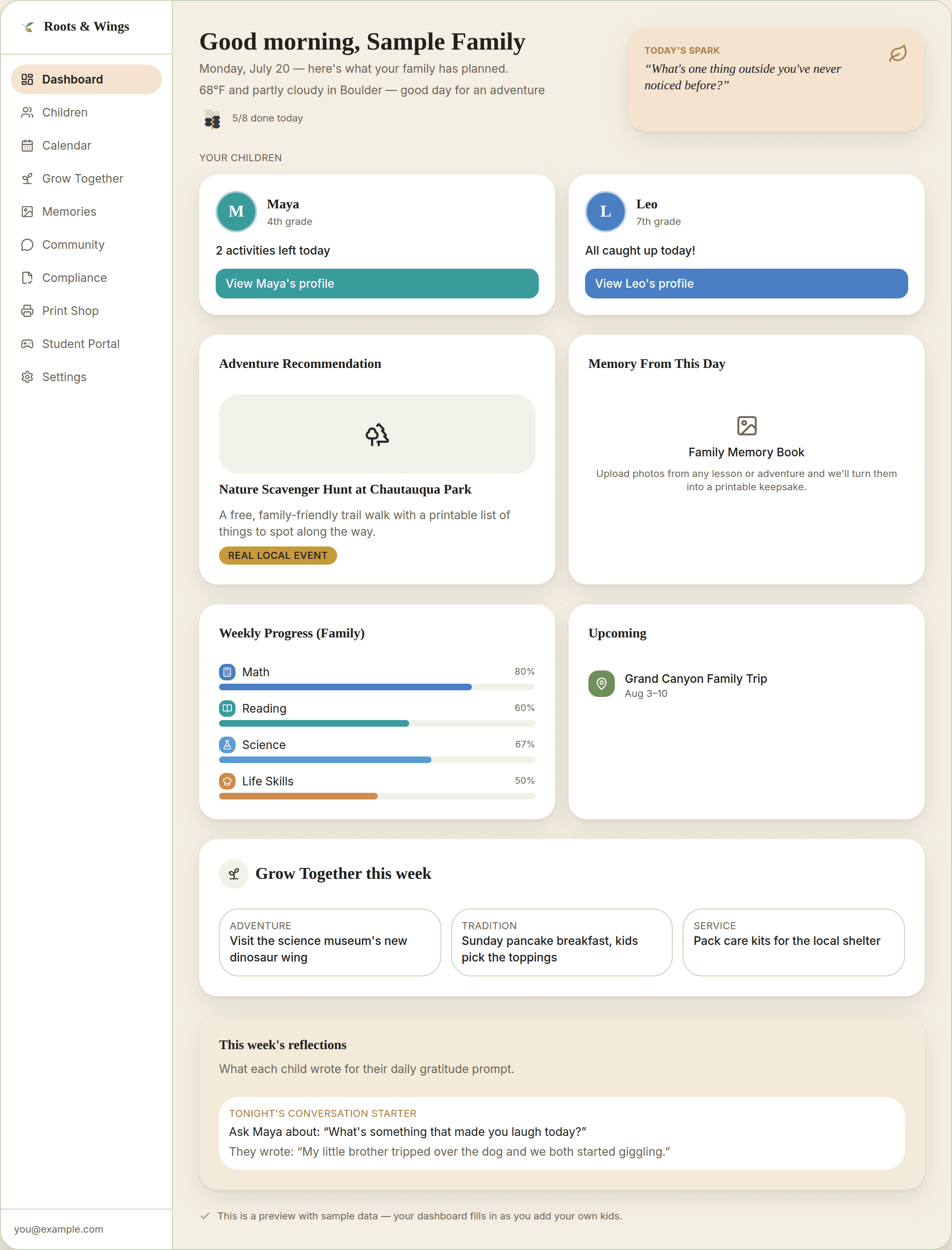 The Roots & Wings parent dashboard, showing each child's plan, weekly progress, an adventure recommendation, and this week's gratitude reflections